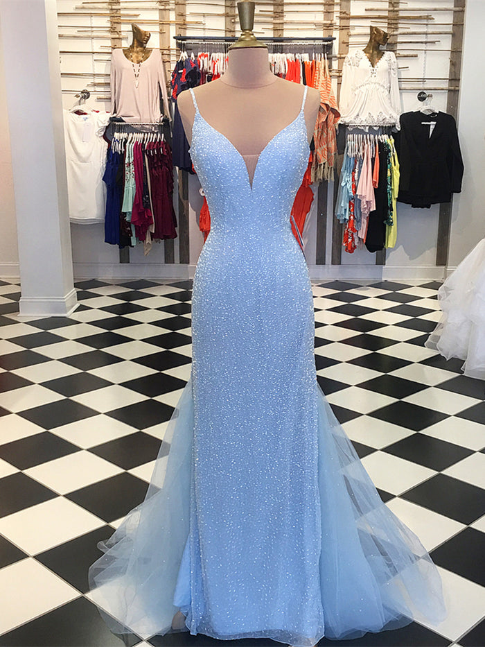 Custom Made Blue V Neck Mermaid Prom Dresses, Mermaid Formal Dresses, Blue Evening Dresses