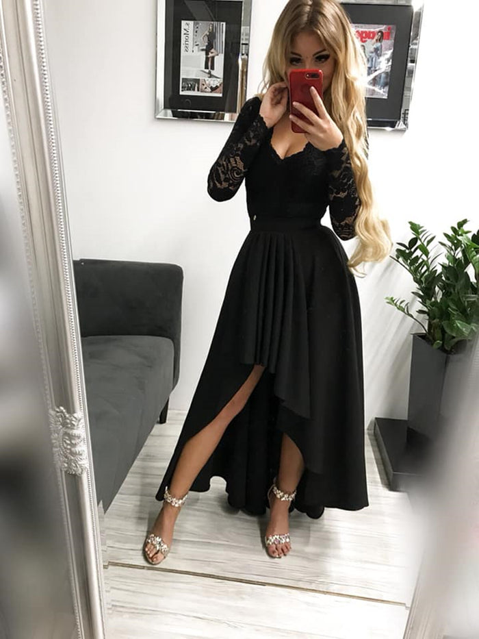 Custom Made Long Sleeves Burgundy/Navy Blue/Black Lace Prom Dresses, Long Sleeves Lace Graduation Evening Dresses