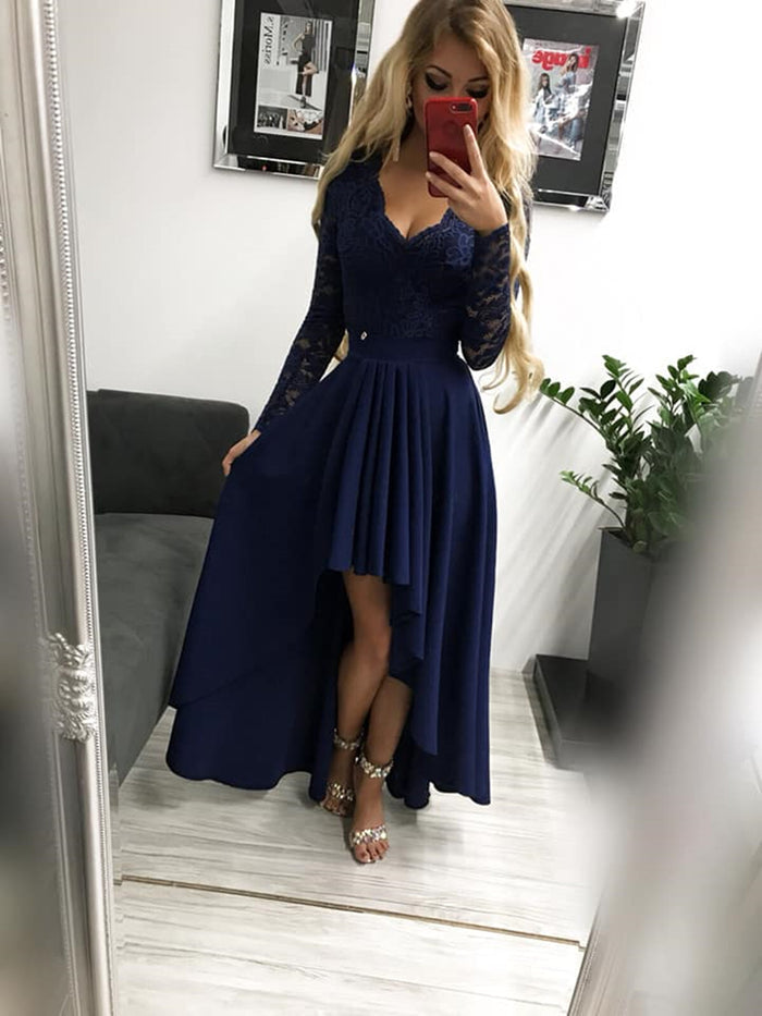 Custom Made Long Sleeves Burgundy/Navy Blue/Black Lace Prom Dresses, Long Sleeves Lace Graduation Evening Dresses
