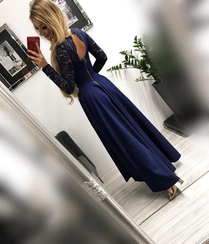 Custom Made Long Sleeves Burgundy/Navy Blue/Black Lace Prom Dresses, Long Sleeves Lace Graduation Evening Dresses