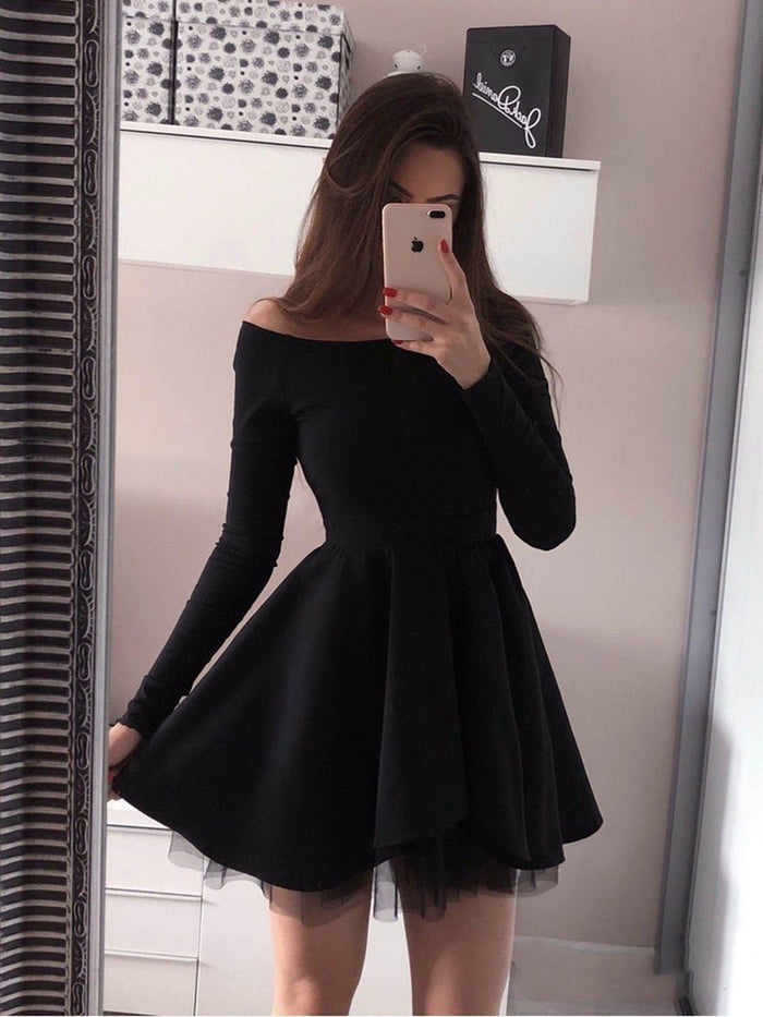 Custom Made Long Sleeves Short Black Prom Dresses, Short Black Long Sleeves Formal Evening Graduation Dresses