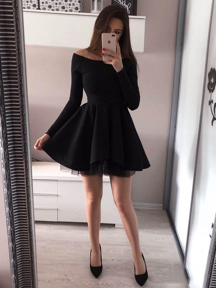 Custom Made Long Sleeves Short Black Prom Dresses, Short Black Long Sleeves Formal Evening Graduation Dresses