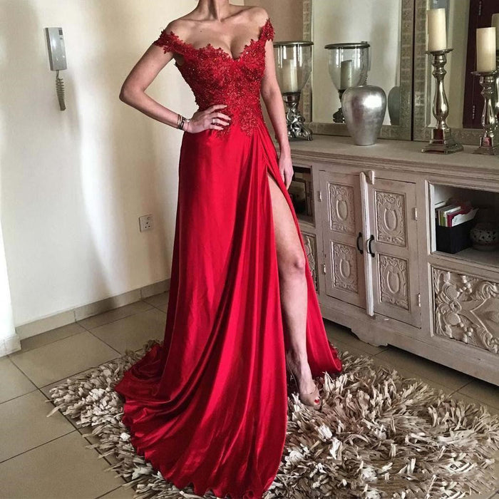 Custom Made Off Shoulder Red Lace Prom Dresses, Red Off Shoulder Lace Formal Evening Graduation Dresses