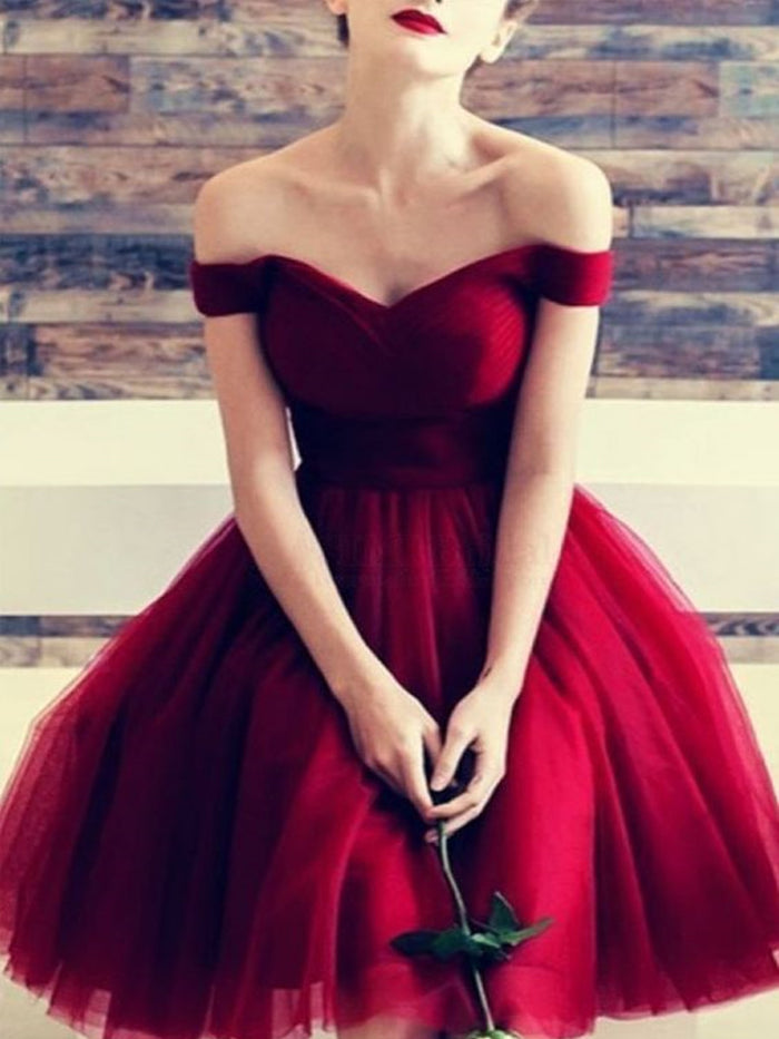 Custom Made Off Shoulder Short Burgundy Prom Dresses, Short Burgundy Formal Dresses, Graduation Dresses