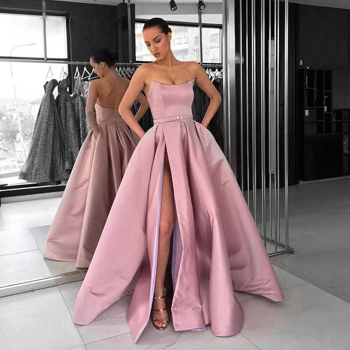 Custom Made Pink Prom Gown with High Leg Slit, Pink Formal Graduation Dresses, High Slit Evening Dresses