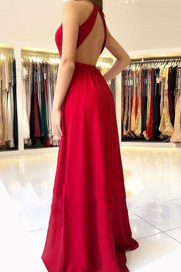 Custom Made Red A Line V Neck Backless Prom Dresses, V Neck Backless Formal Dresses, Red Graduation Dresses