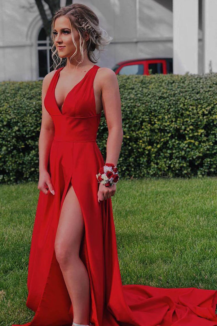 Custom Made Red A Line V Neck Open Back Prom Dresses, Red V Neck Formal Dresses, Backless Graduation Dresses