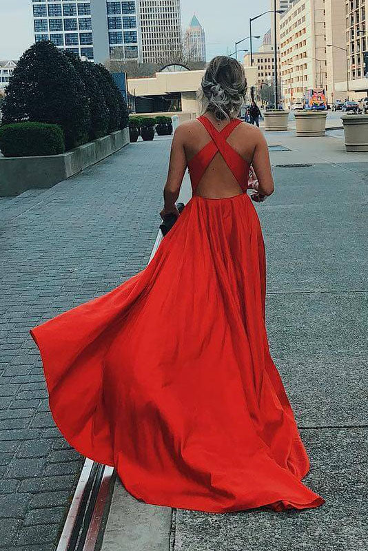 Custom Made Red A Line V Neck Open Back Prom Dresses, Red V Neck Formal Dresses, Backless Graduation Dresses