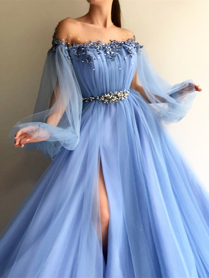Custom Made Round Neck Baby Blue Tulle Long Sleeves Prom Dresses, Blue Long Sleeves Formal Dresses