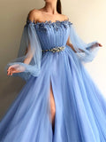 Custom Made Round Neck Baby Blue Tulle Long Sleeves Prom Dresses, Blue Long Sleeves Formal Dresses