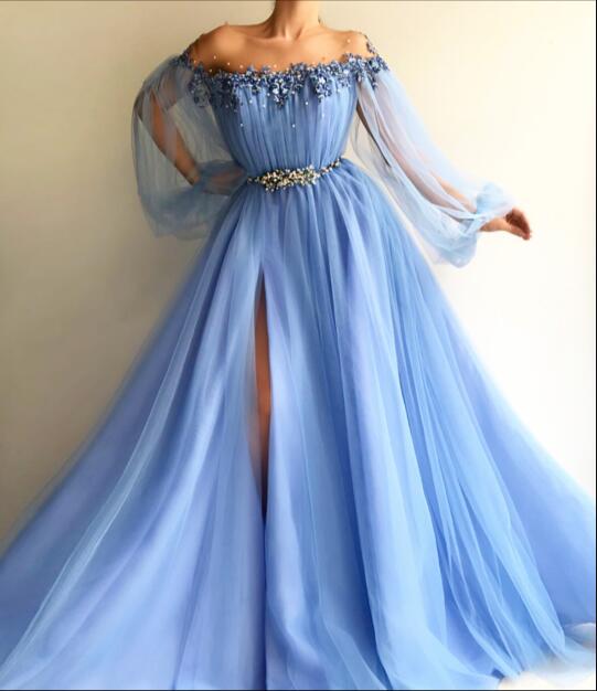 Custom Made Round Neck Baby Blue Tulle Long Sleeves Prom Dresses, Blue Long Sleeves Formal Dresses