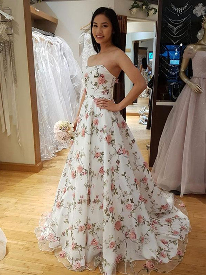 Custom Made Sweetheart Neck White Prom Dresses with 3D Flower, 3D Flower Formal Dresses