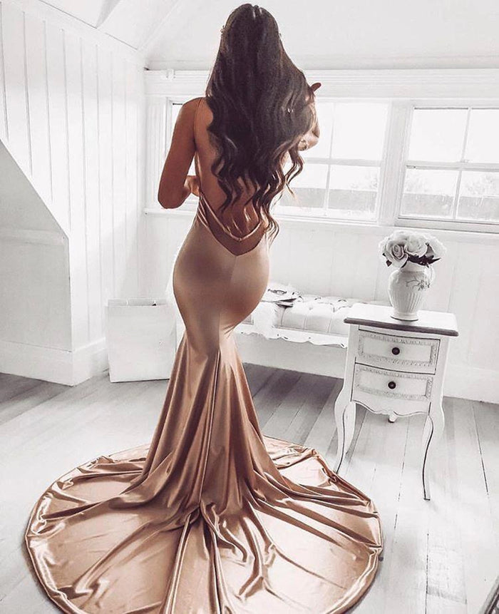 Custom Made V Neck Champagne Mermaid Backless Prom Dresses, Champagne Backless Formal Graduation Dresses