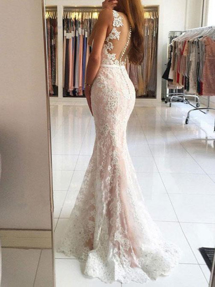 Custom Made V Neck Mermaid Lace Champagne Prom Dresses, Lace Formal Dresses, Bridesmaid Dresses