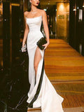 Custom Made White and Black Prom Dresses with High Leg Slit, White and Black Formal Graduation Evening Dresses