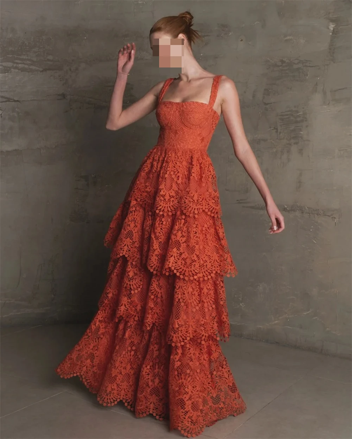 Customized Orange A-Line Cascading Ruffle Prom Dresses Square Collar Cut-out Sleeveless Evening Dress