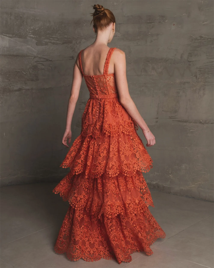 Customized Orange A-Line Cascading Ruffle Prom Dresses Square Collar Cut-out Sleeveless Evening Dress