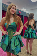 Cute Sweetheart Green Metallic A-Line Tiered Short Homecoming Dresses
