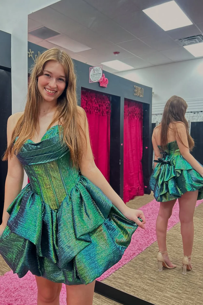 Cute Sweetheart Green Metallic A-Line Tiered Short Homecoming Dresses