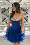Cute Sweetheart Navy Chiffon Tiered Homecoming Dress with Beading