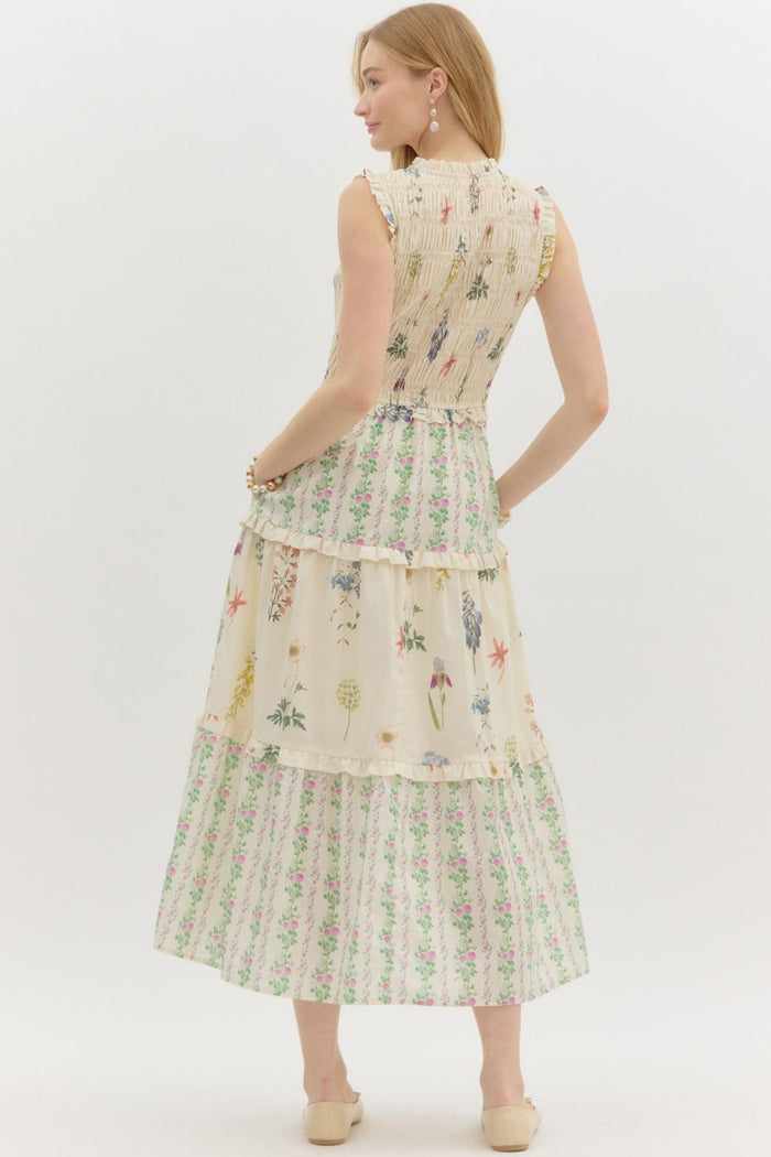 entro tiered ruffle floral midi dress cream