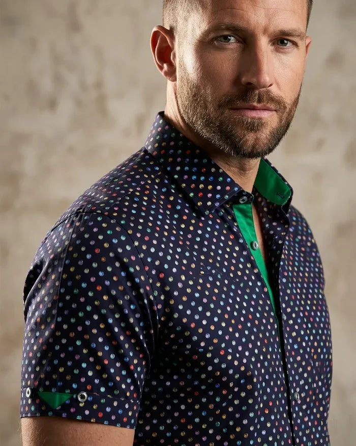 Dark Blue Colourful Polka Print Short Sleeve Shirt