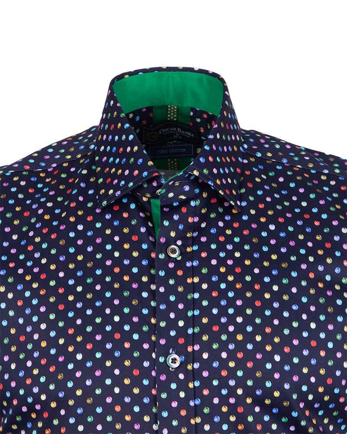 Dark Blue Colourful Polka Print Short Sleeve Shirt-Makrom