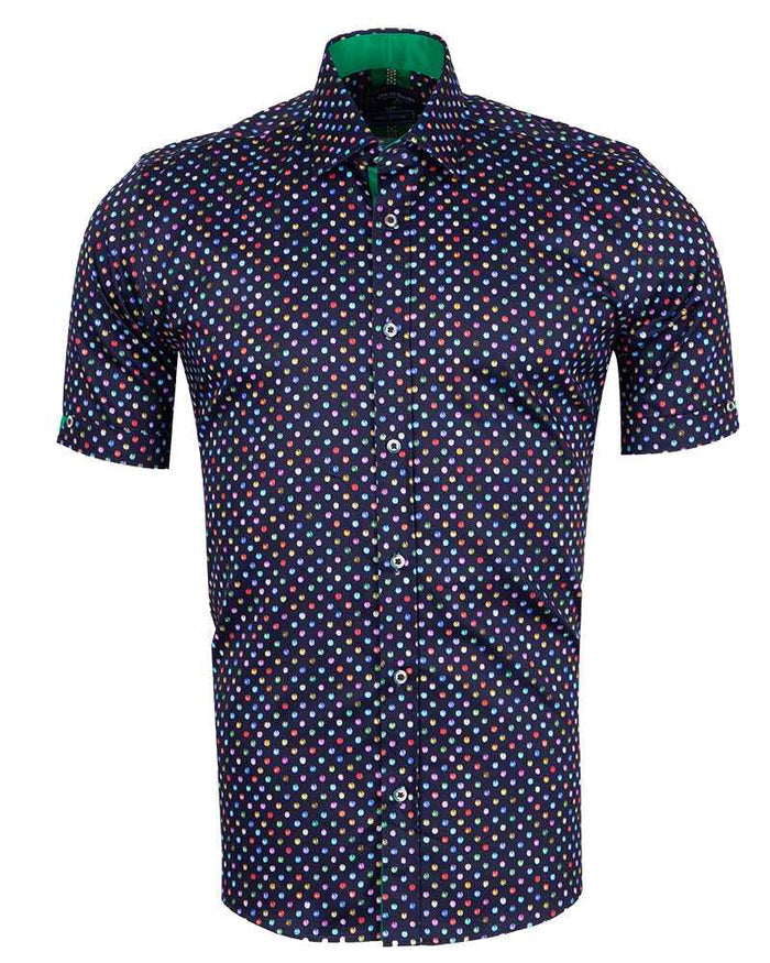 Dark Blue Colourful Polka Print Short Sleeve Shirt-Makrom