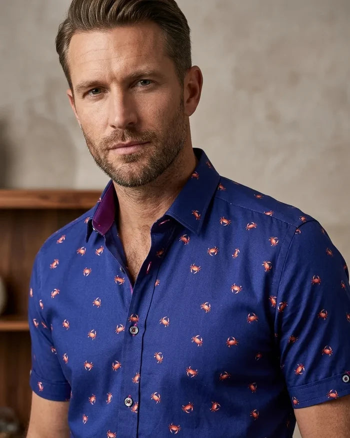 Dark Blue Crab Print Short Sleeve Shirt