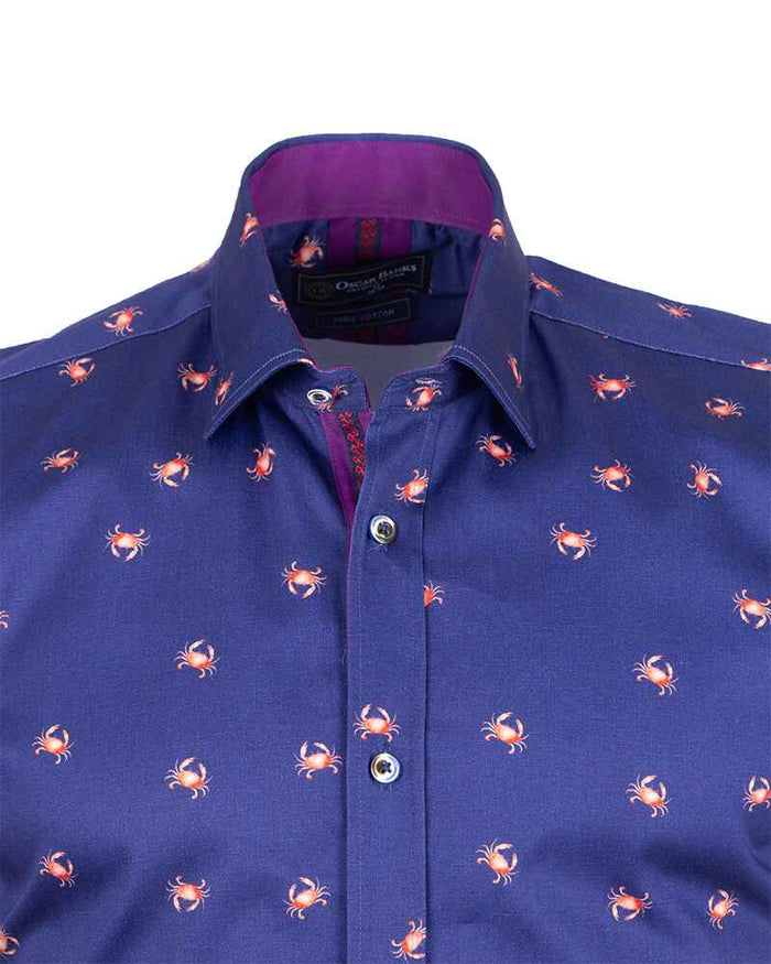 Dark Blue Crab Print Short Sleeve Shirt-Makrom