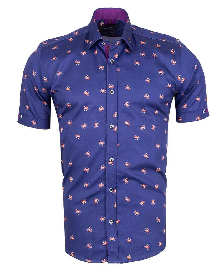Dark Blue Crab Print Short Sleeve Shirt-Makrom