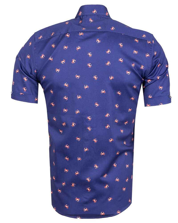 Dark Blue Crab Print Short Sleeve Shirt-Makrom