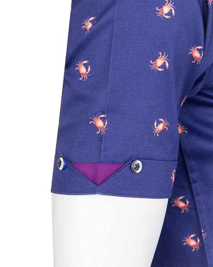 Dark Blue Crab Print Short Sleeve Shirt-Makrom