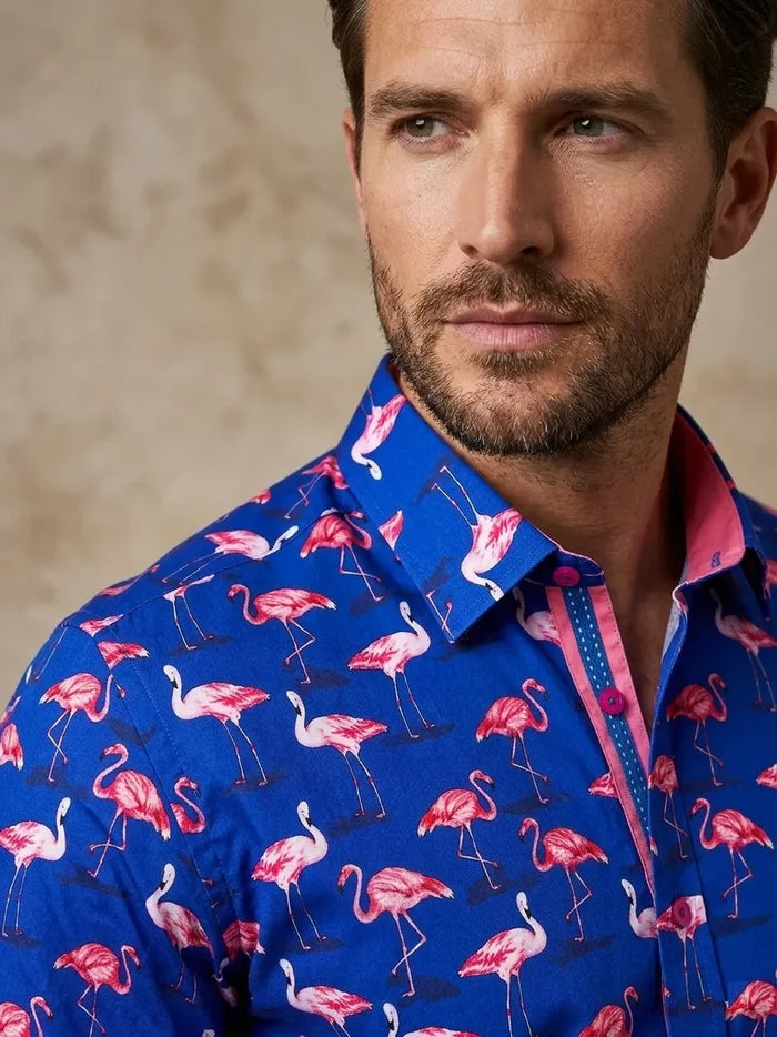 Dark Blue Flamingo Print Men's Shirt with Matching Handkerchief