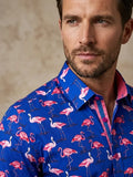 Dark Blue Flamingo Print Men's Shirt with Matching Handkerchief
