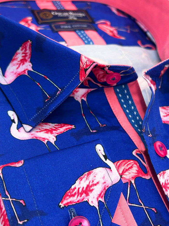 Dark Blue Flamingo Print Men's Shirt with Matching Handkerchief-Makrom