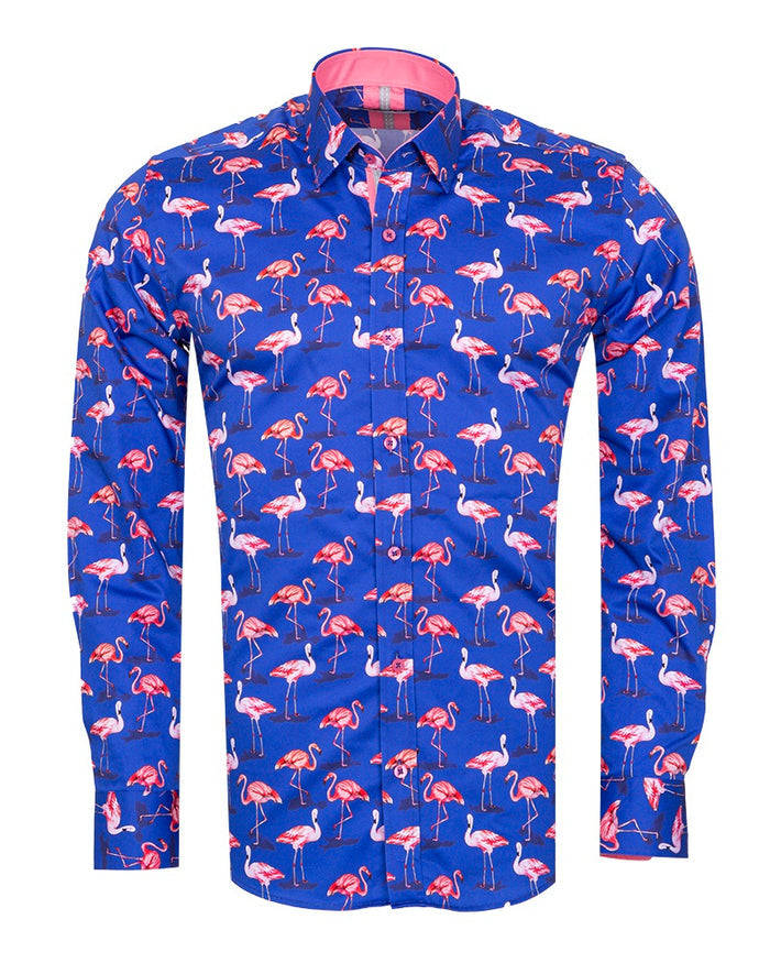 Dark Blue Flamingo Print Men's Shirt with Matching Handkerchief-Makrom