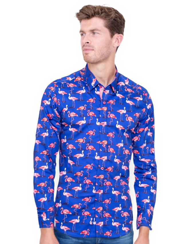 Dark Blue Flamingo Print Men's Shirt with Matching Handkerchief-Makrom