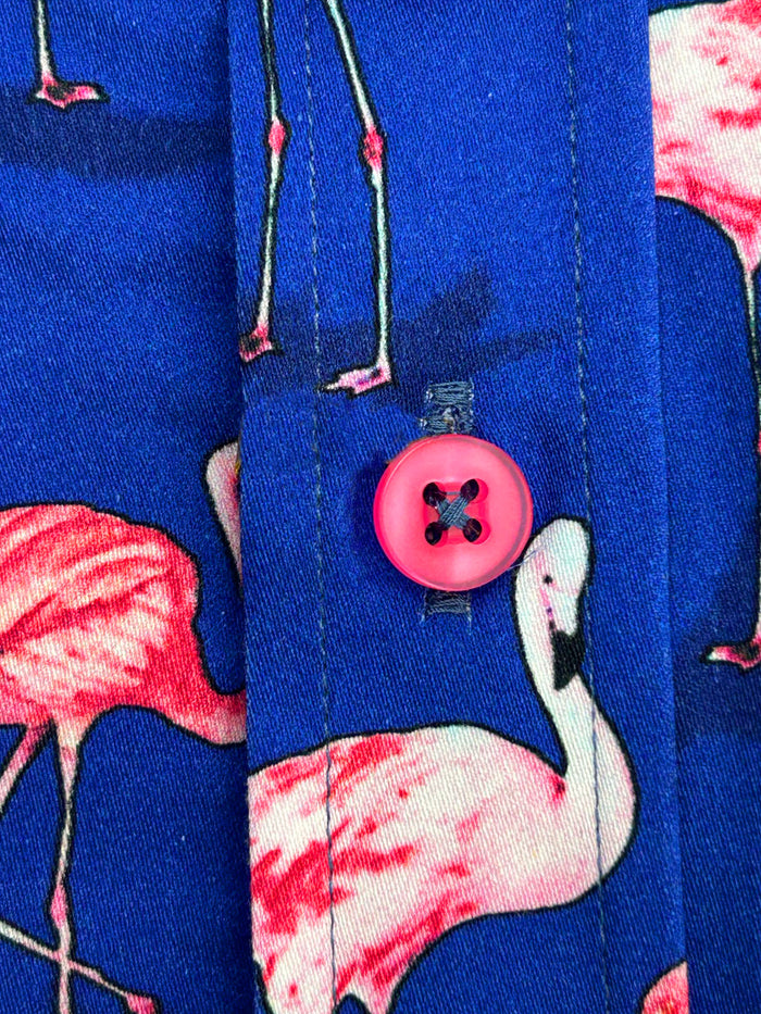 Dark Blue Flamingo Print Men's Shirt with Matching Handkerchief-Makrom