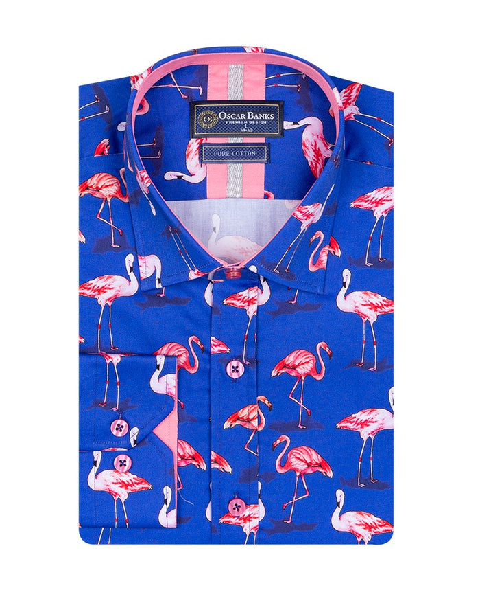 Dark Blue Flamingo Print Men's Shirt with Matching Handkerchief-Makrom