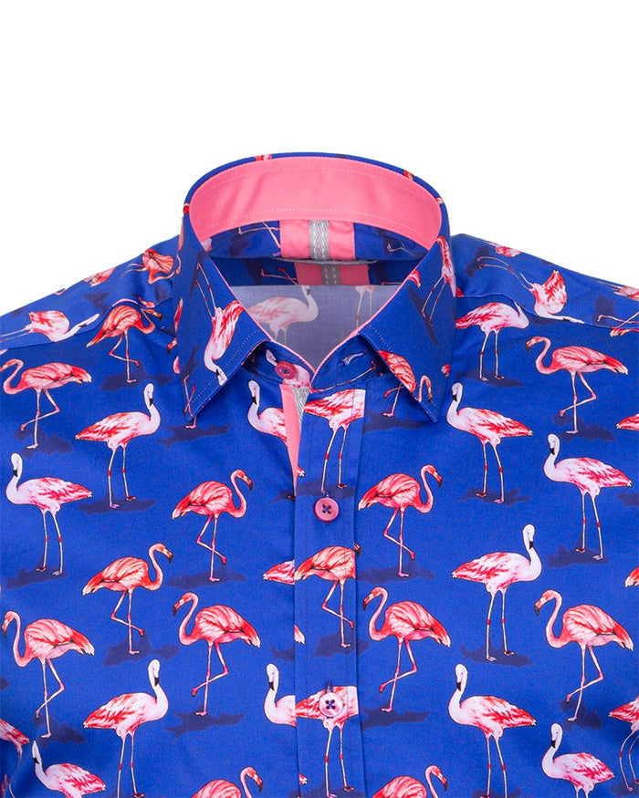 Dark Blue Flamingo Print Men's Shirt with Matching Handkerchief-Makrom