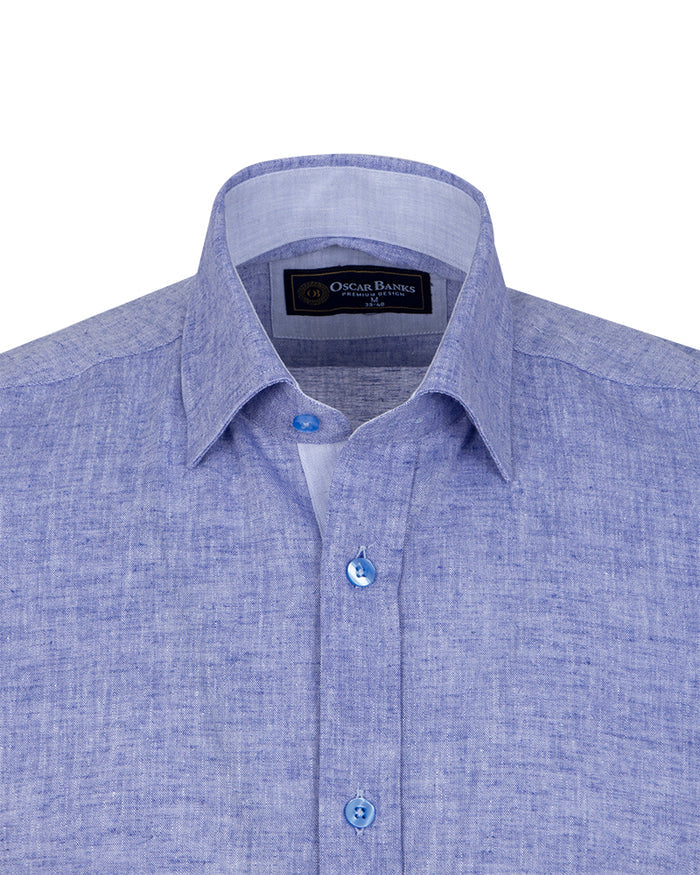 Dark Blue Linen Plain Short Sleeve Shirt-Makrom
