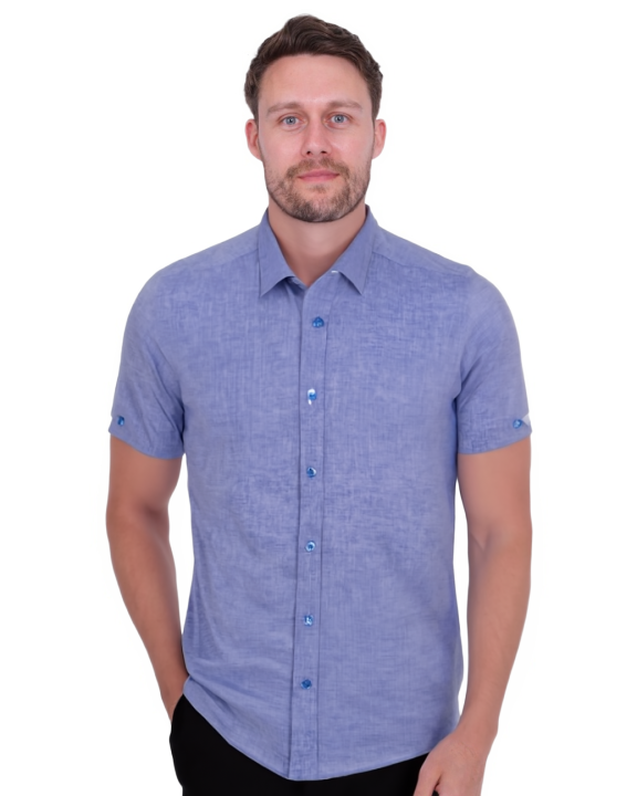 Dark Blue Linen Plain Short Sleeve Shirt-Makrom