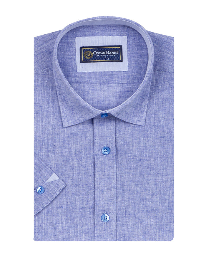 Dark Blue Linen Plain Short Sleeve Shirt-Makrom