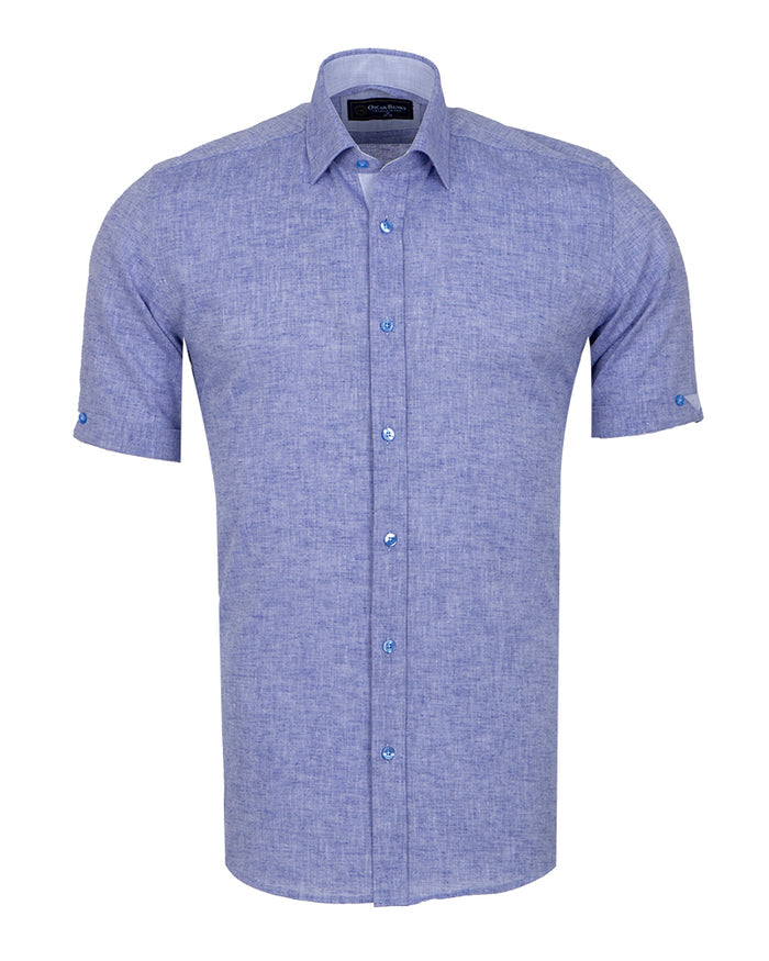 Dark Blue Linen Plain Short Sleeve Shirt-Makrom