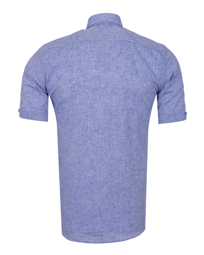 Dark Blue Linen Plain Short Sleeve Shirt-Makrom