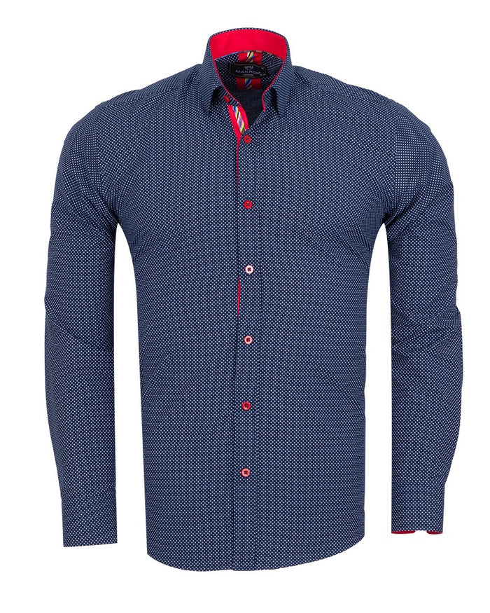 Dark Blue Micro Dotted Mosaic Print Shirt-Makrom