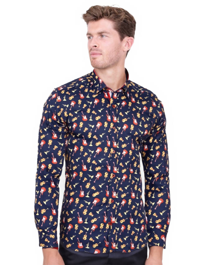 Dark Blue Orchestra Instrument Print Shirt with Matching Handkerchief-Makrom