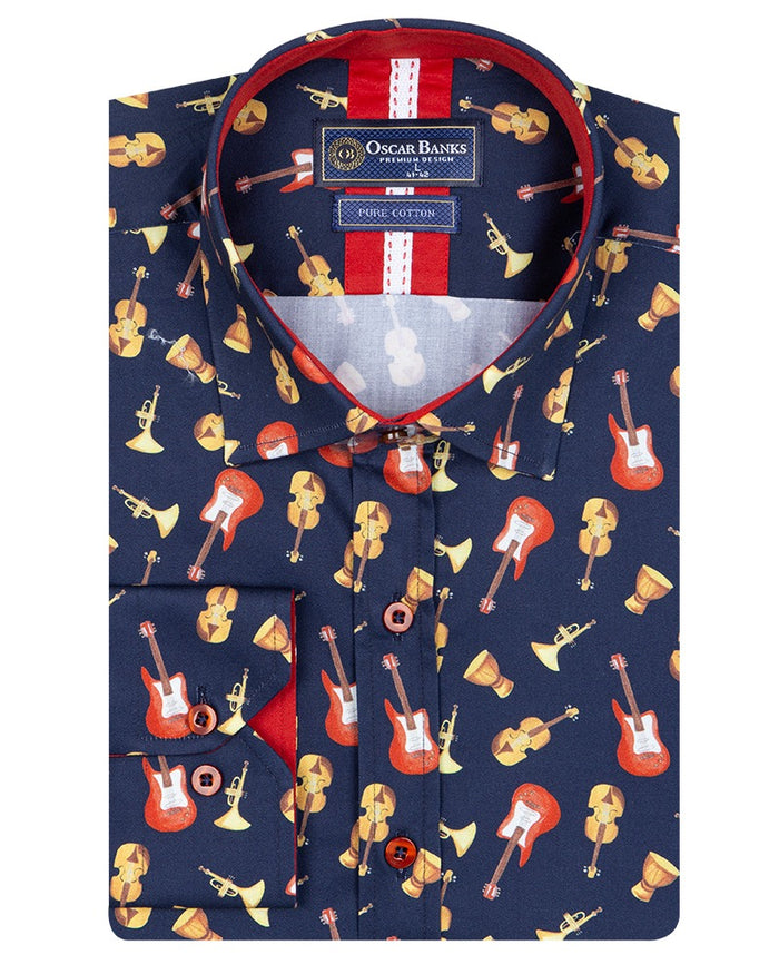Dark Blue Orchestra Instrument Print Shirt with Matching Handkerchief-Makrom
