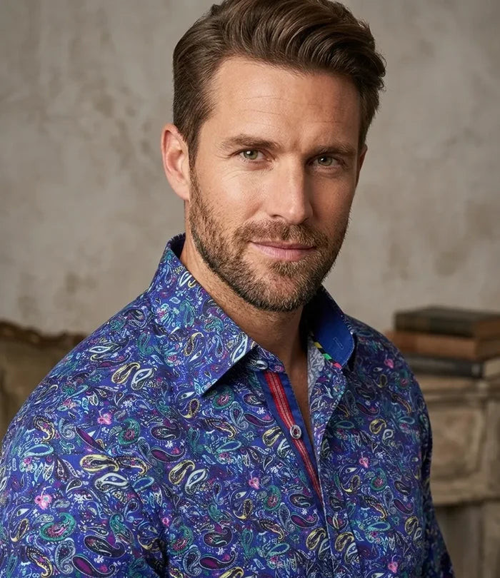 Dark Blue Paisley Print Men's Shirt with Matching Handkerchief